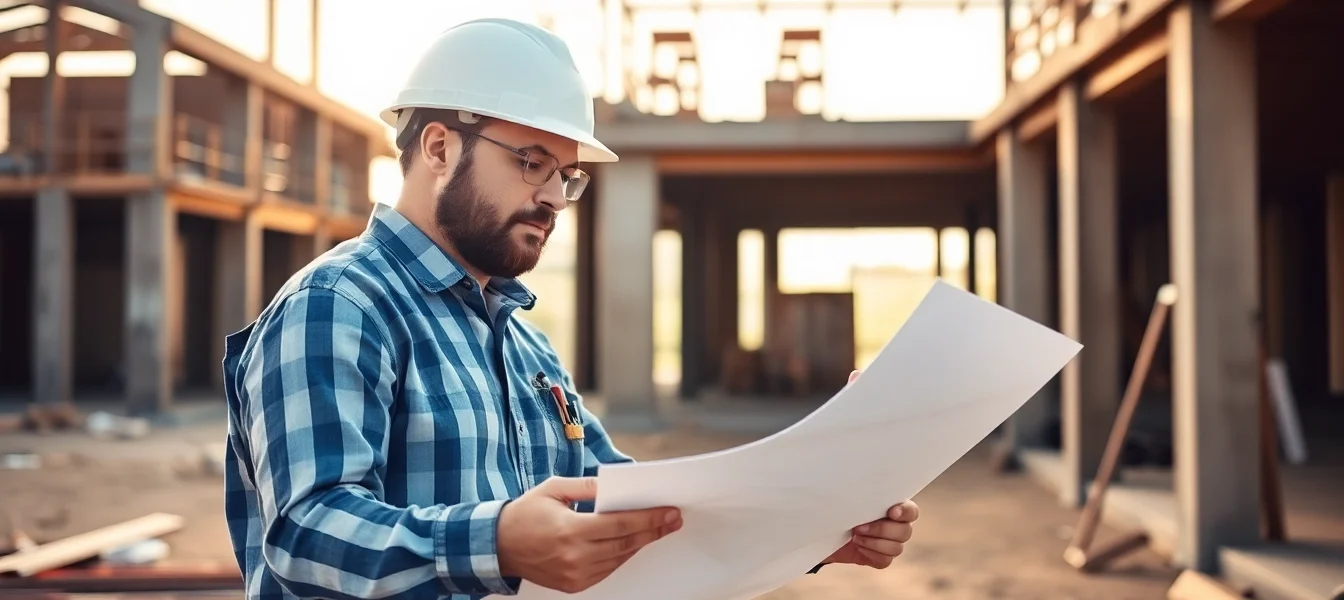 Experienced contractor inspecting construction plans on-site demonstrating professionalism and project management expertise.