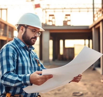 Experienced contractor inspecting construction plans on-site demonstrating professionalism and project management expertise.