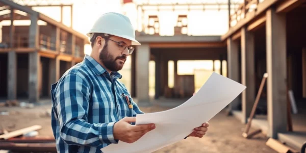 Experienced contractor inspecting construction plans on-site demonstrating professionalism and project management expertise.