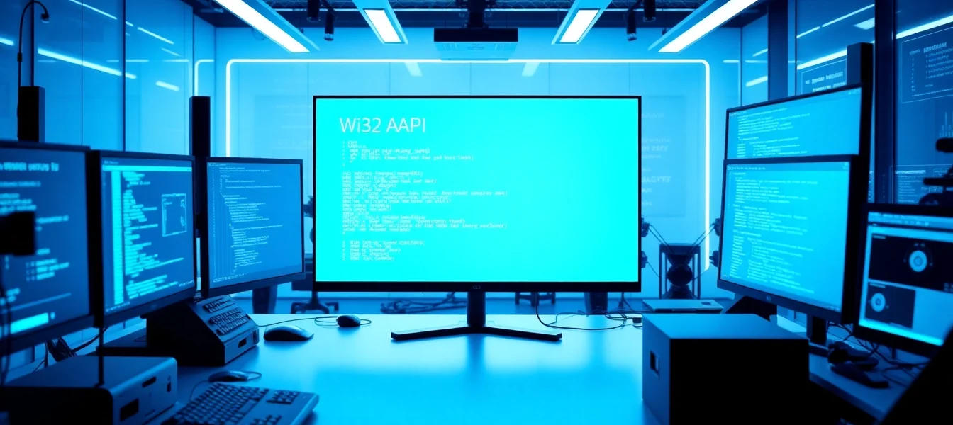 A developer working on Win32 application programming at https://32win.cheap, featuring computer setup with coding screens and Windows API visuals for technical users.