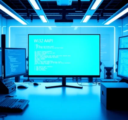 A developer working on Win32 application programming at https://32win.cheap, featuring computer setup with coding screens and Windows API visuals for technical users.