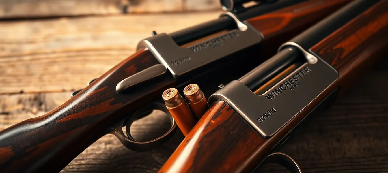 Detailed shot of a 32WIN cartridge nestled in a classic lever-action rifle, highlighting historical appeal and firearm craftsmanship.