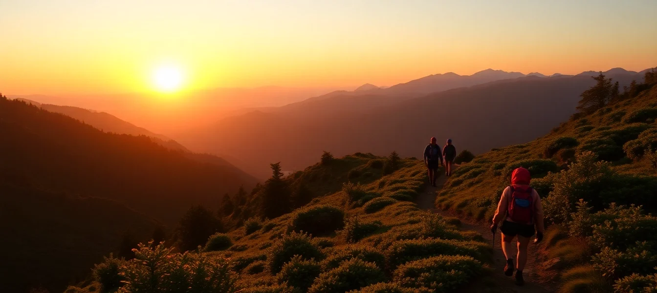 Hiking adventure in Lombok: hikers exploring scenic trails overlooking mountains and forests, promoting outdoor activity.