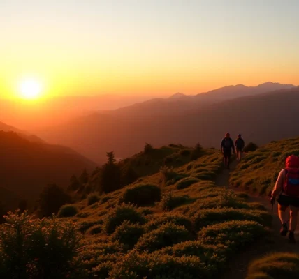 Hiking adventure in Lombok: hikers exploring scenic trails overlooking mountains and forests, promoting outdoor activity.