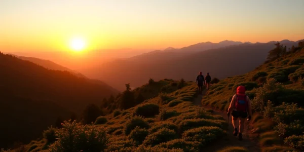 Hiking adventure in Lombok: hikers exploring scenic trails overlooking mountains and forests, promoting outdoor activity.