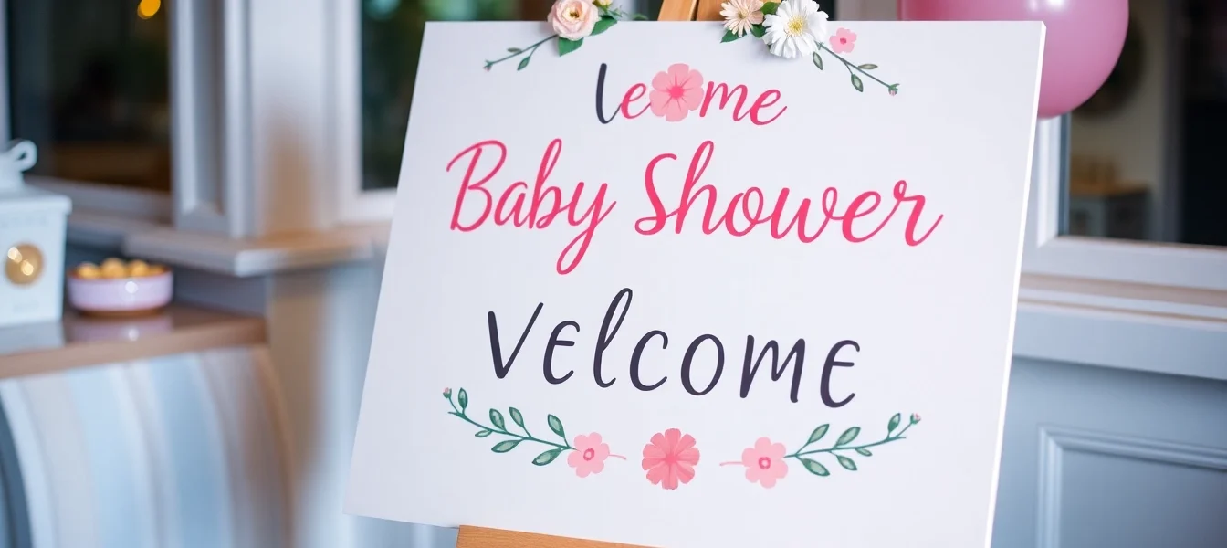 Elegant baby shower welcome sign with floral design, welcoming guests in soft pastel tones, perfect for a joyful celebration.