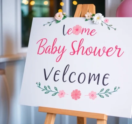 Elegant baby shower welcome sign with floral design, welcoming guests in soft pastel tones, perfect for a joyful celebration.