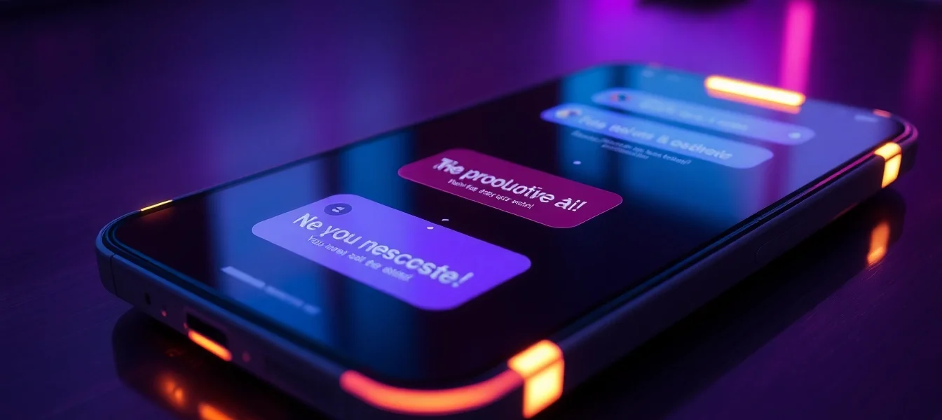 Close-up of a sleek device screen with an enticing AI chat interface, glowing neon accents, and suggestive conversation visuals.