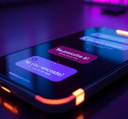 Close-up of a sleek device screen with an enticing AI chat interface, glowing neon accents, and suggestive conversation visuals.