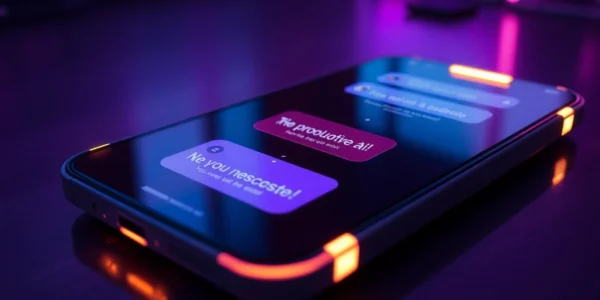 Close-up of a sleek device screen with an enticing AI chat interface, glowing neon accents, and suggestive conversation visuals.