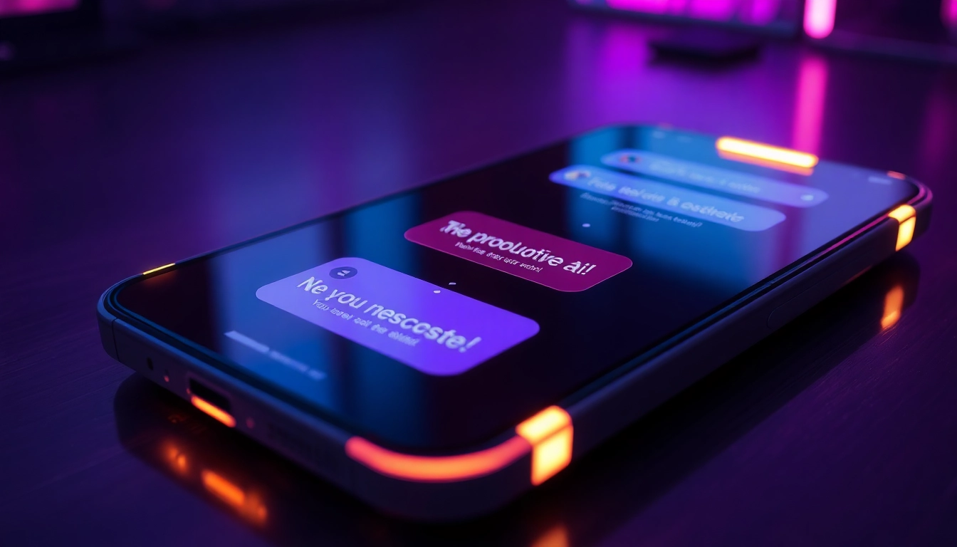 Close-up of a sleek device screen with an enticing AI chat interface, glowing neon accents, and suggestive conversation visuals.