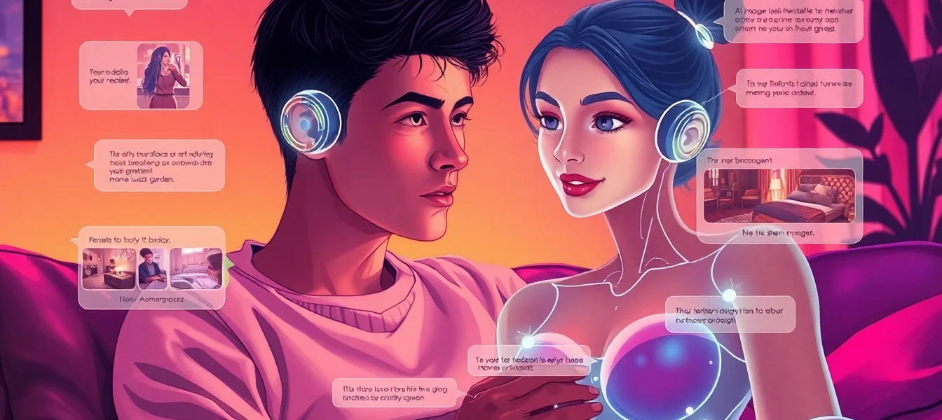 A digital artwork of a person interacting with a glowing holographic AI girlfriend in a cozy, futuristic room, showing emotional connection and visual responses.