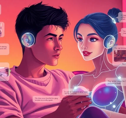 A digital artwork of a person interacting with a glowing holographic AI girlfriend in a cozy, futuristic room, showing emotional connection and visual responses.
