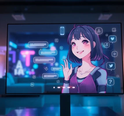 An AI chat interface displaying a vibrant animated female character with expressive gestures inside a modern, high-tech room.