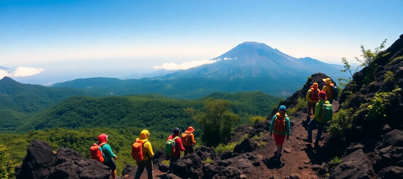 Hikers preparing to summit Mount Rinjani with a scenic view of the volcano and lush landscape in Lombok, Indonesia.
