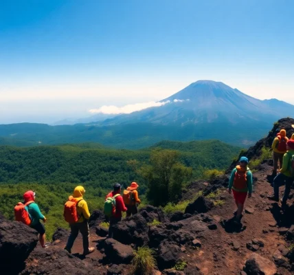 Hikers preparing to summit Mount Rinjani with a scenic view of the volcano and lush landscape in Lombok, Indonesia.