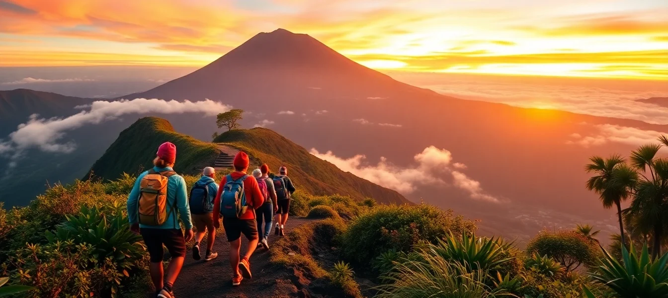 Hikers ascending Mount Rinjani at sunrise with vibrant colors and lush scenery