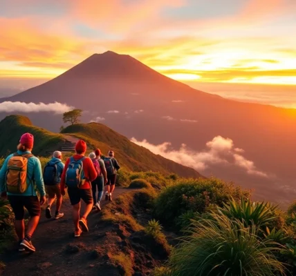 Hikers ascending Mount Rinjani at sunrise with vibrant colors and lush scenery