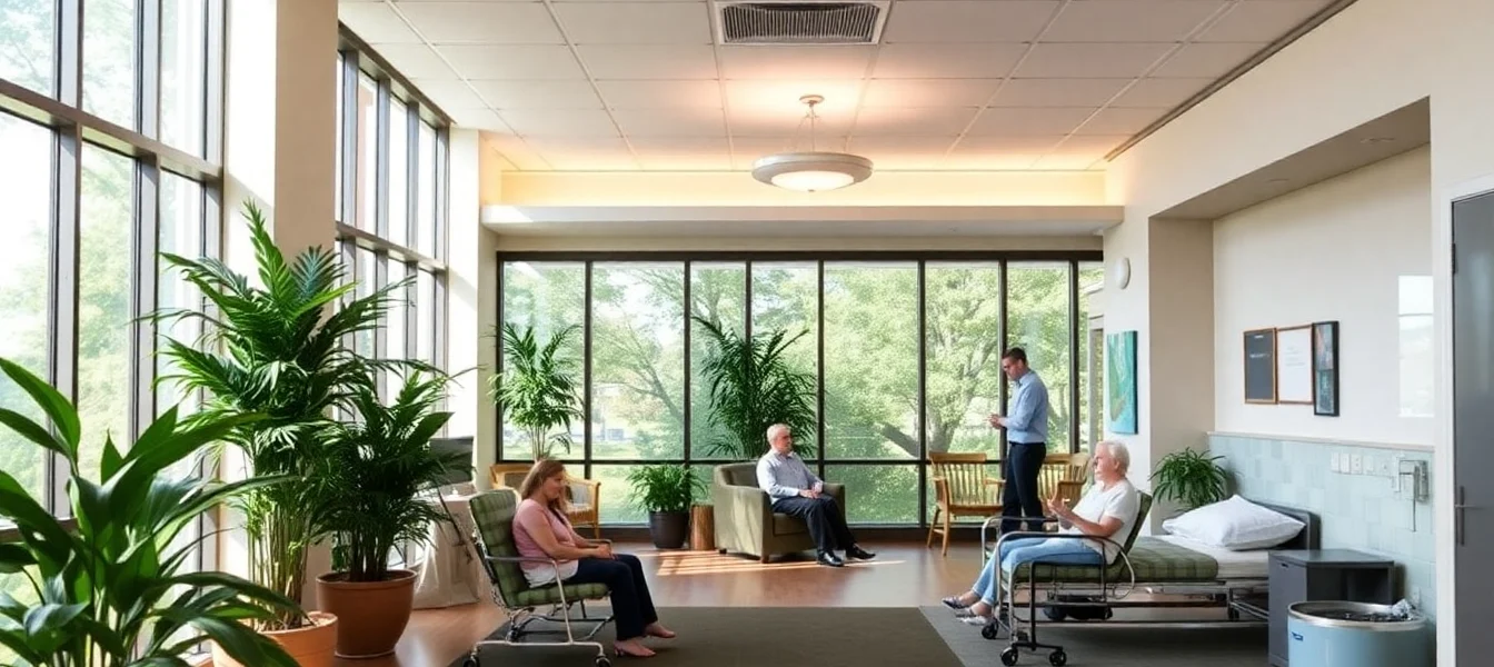 Rehabilitation center's calm and welcoming environment with greenery and therapy spaces for effective recovery.