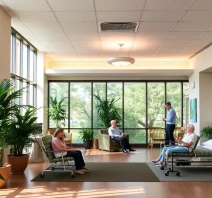 Rehabilitation center's calm and welcoming environment with greenery and therapy spaces for effective recovery.