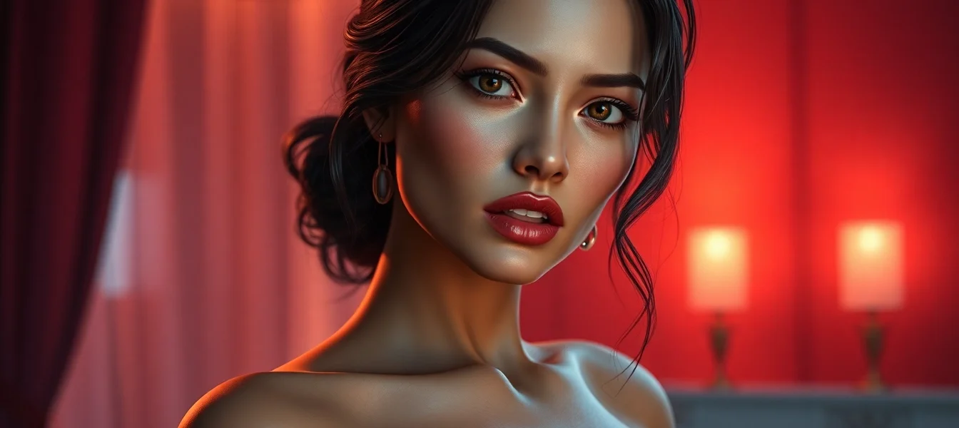 A realistic depiction of an AI character in an intimate setting with warm lighting and expressive body language.