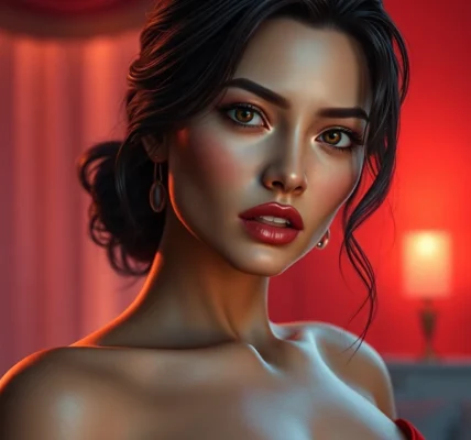 A realistic depiction of an AI character in an intimate setting with warm lighting and expressive body language.