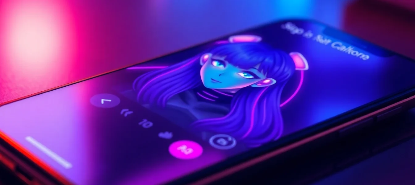 Close-up of a smartphone displaying a hyper-realistic AI sexting app interface with a customizable anime character.