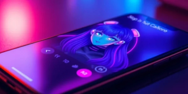 Close-up of a smartphone displaying a hyper-realistic AI sexting app interface with a customizable anime character.