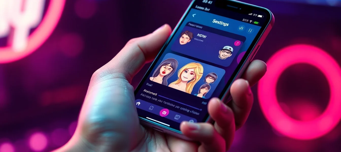 Futuristic smartphone displaying a vibrant AI sexting app interface with customizable avatars and NSFW features in a high-tech environment.