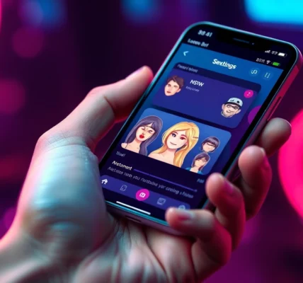 Futuristic smartphone displaying a vibrant AI sexting app interface with customizable avatars and NSFW features in a high-tech environment.
