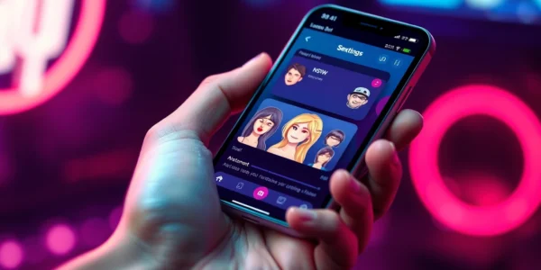 Futuristic smartphone displaying a vibrant AI sexting app interface with customizable avatars and NSFW features in a high-tech environment.
