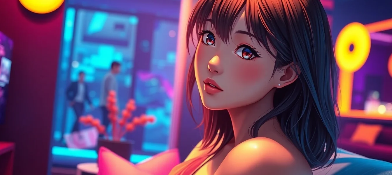 Hyper-realistic AI girlfriend sitting in a modern, luminous room with vibrant colors and detailed textures