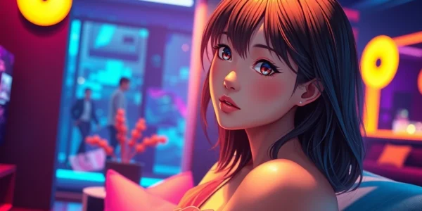 Hyper-realistic AI girlfriend sitting in a modern, luminous room with vibrant colors and detailed textures