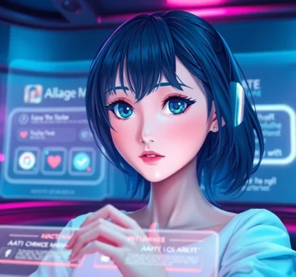 Futuristic AI interface with an anime-style avatar displaying customization options in a neon-lit environment.