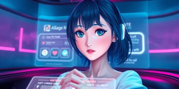 Futuristic AI interface with an anime-style avatar displaying customization options in a neon-lit environment.