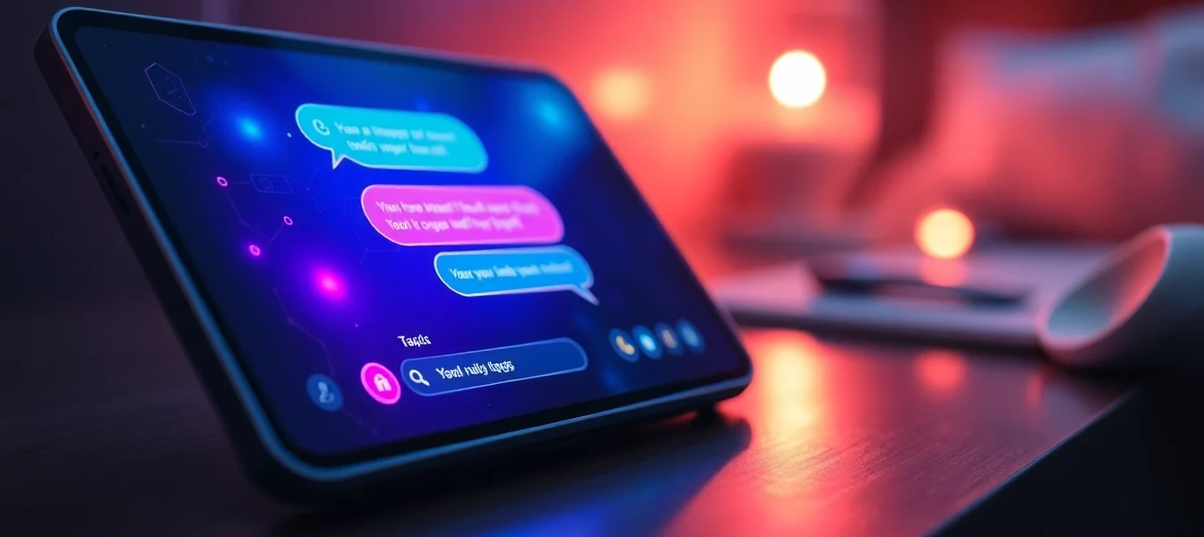 Digital illustration of a futuristic AI chatbot interface on a modern device with glowing chat bubbles and high-tech background.
