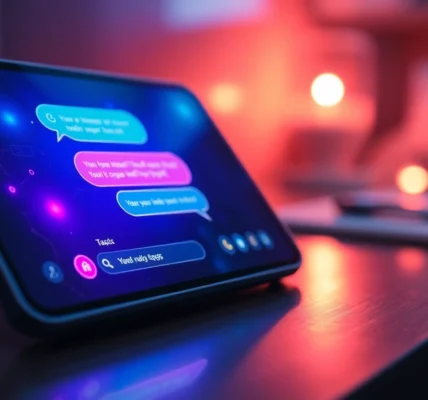 Digital illustration of a futuristic AI chatbot interface on a modern device with glowing chat bubbles and high-tech background.