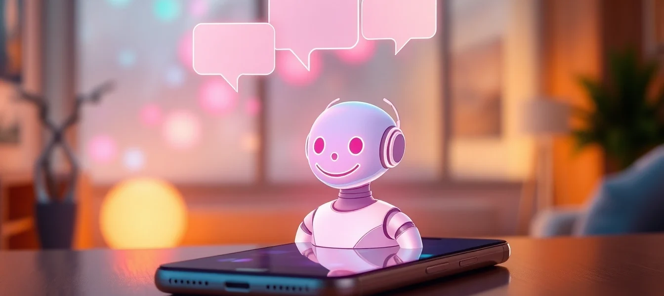 Illustration of a friendly AI character interacting on a smartphone screen in a cozy, modern environment.