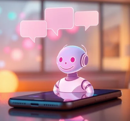 Illustration of a friendly AI character interacting on a smartphone screen in a cozy, modern environment.