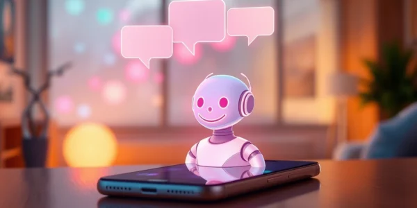Illustration of a friendly AI character interacting on a smartphone screen in a cozy, modern environment.