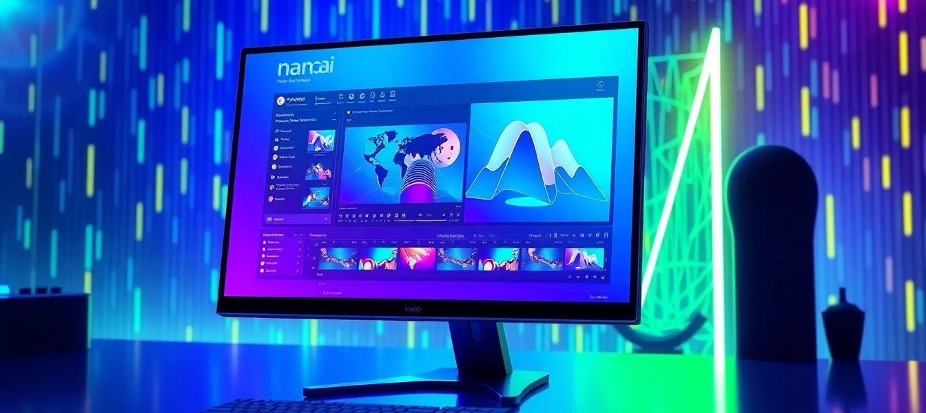 Futuristic workspace with Nano Banana AI platform interface showcasing advanced image editing and reasoning capabilities.