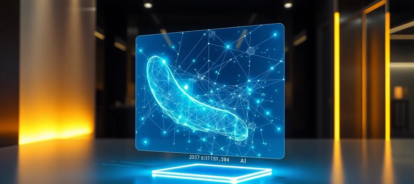 Futuristic AI interface hologram showcasing advanced data streams and digital design in a modern workspace.