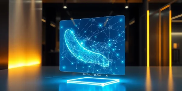 Futuristic AI interface hologram showcasing advanced data streams and digital design in a modern workspace.