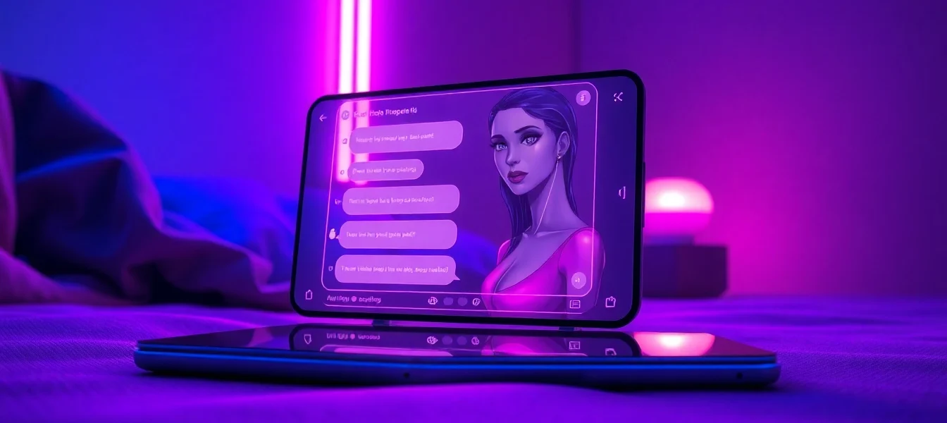 Futuristic AI chatbot interface on a modern device with a sensual AI character and neon lighting