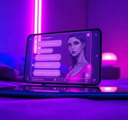 Futuristic AI chatbot interface on a modern device with a sensual AI character and neon lighting