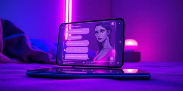 Futuristic AI chatbot interface on a modern device with a sensual AI character and neon lighting