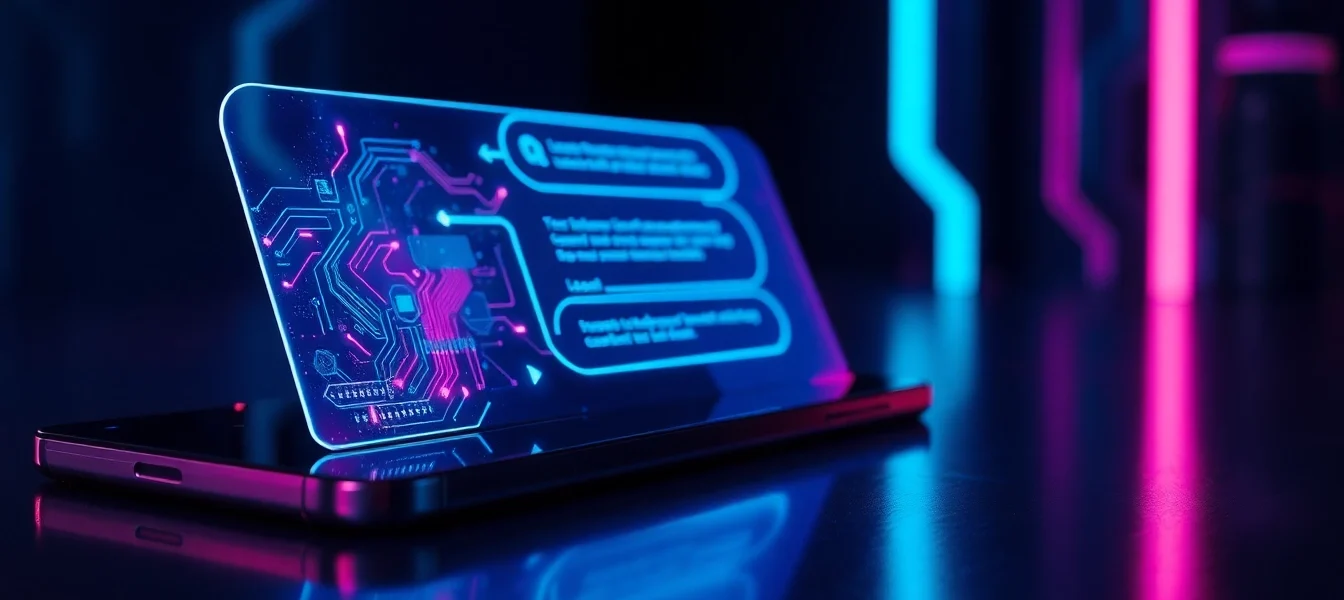 Futuristic holographic AI chatbot interface with neon lights and digital textures.