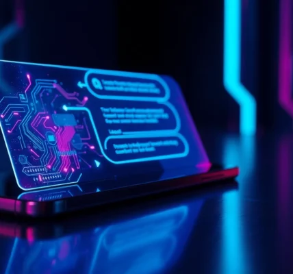 Futuristic holographic AI chatbot interface with neon lights and digital textures.
