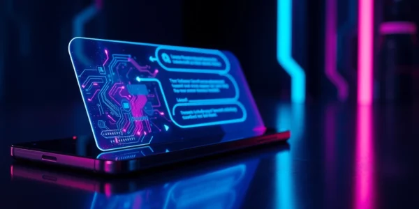 Futuristic holographic AI chatbot interface with neon lights and digital textures.
