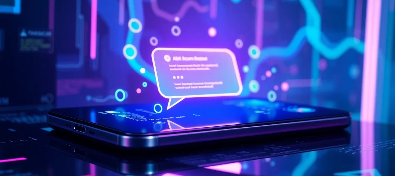 Futuristic AI chatbot interface with holographic data streams and glowing chat window on a modern device